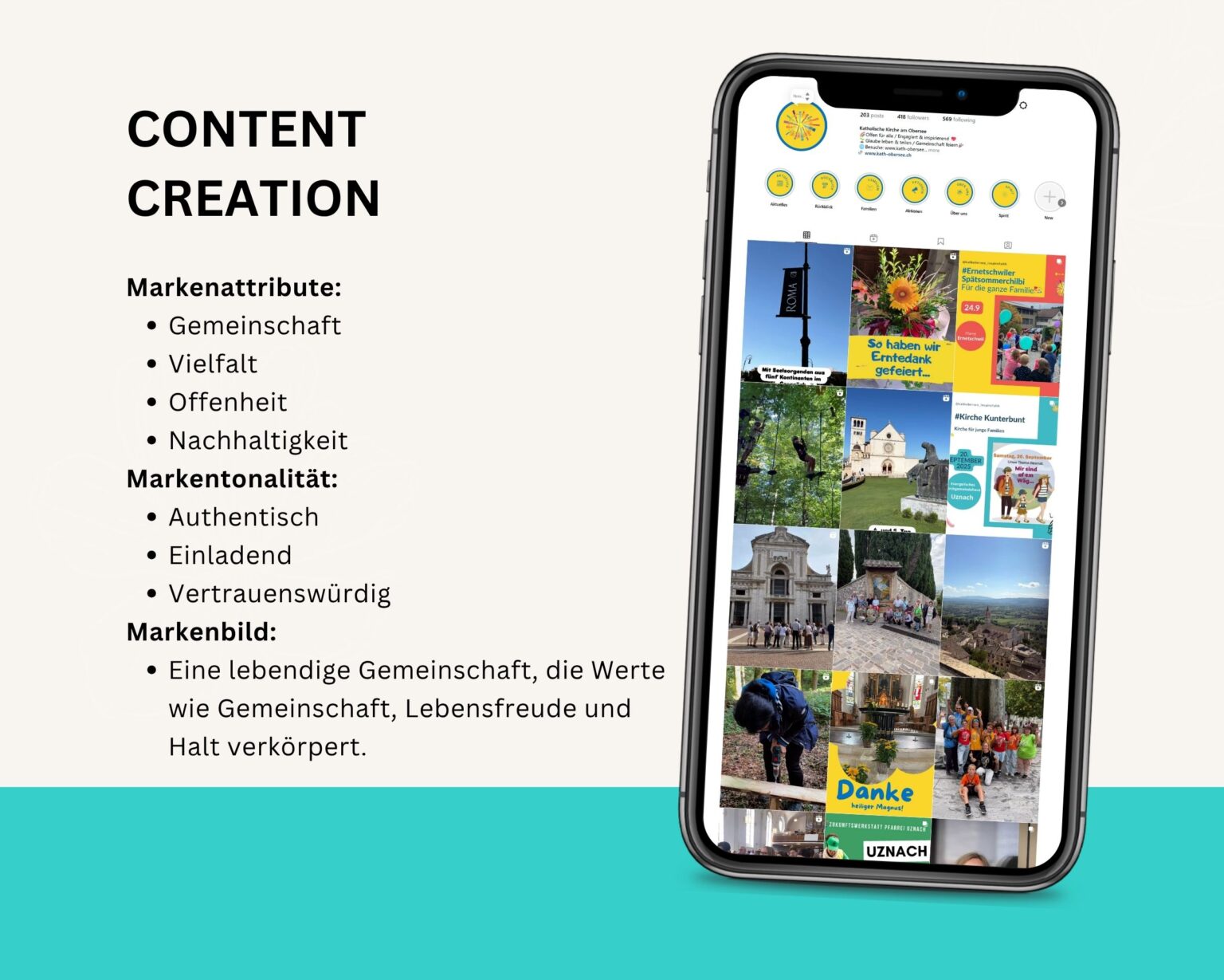 Beispiel für Social-Media-Content einer kirchlichen Gemeinschaft auf Instagram – Darstellung von Markenwerten wie Authentizität, Gemeinschaft und Lebensfreude.