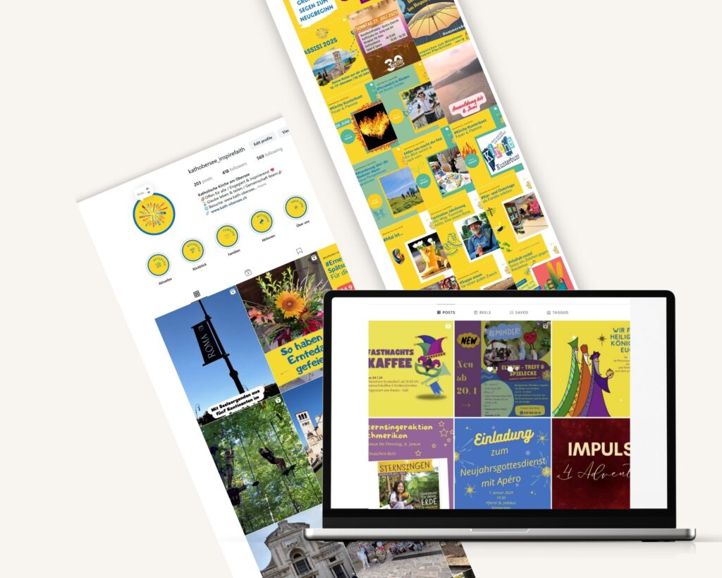Beispiel eines Social-Media-Auftritts im Corporate Design der Katholischen Kirchgemeinde Obersee – Instagram-Feed und Layoutgestaltung durch Nina Hreus-Fröhlich, Spezialistin für Content Creation und Design für Kultur & Kirche.