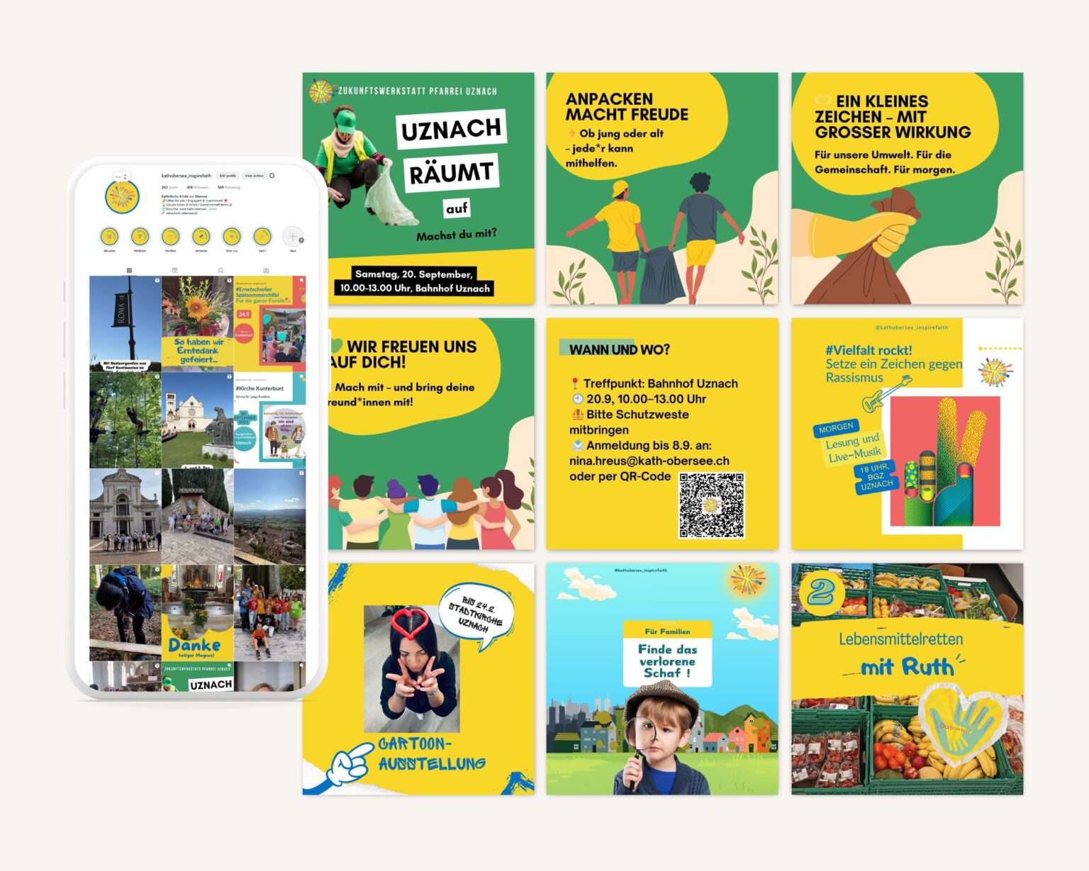 Beispiel für Social-Media-Content-Design einer Pfarrei-Kampagne: kreative Instagram-Posts und Illustrationen zu Umwelt, Gemeinschaft und Nachhaltigkeit, gestaltet von Nina Hreus-Fröhlich.