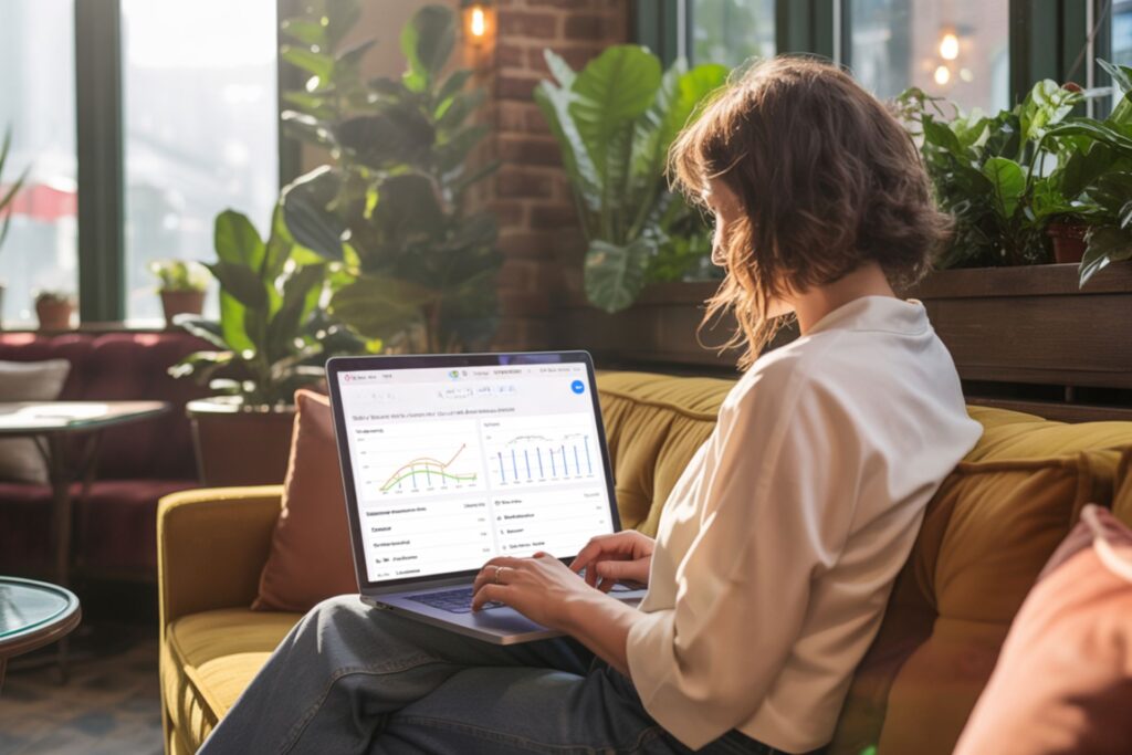 Frau sitzt auf einem gelben Sofa in einem gemütlichen Café mit vielen Pflanzen und arbeitet an einem Laptop, auf dem Analyse-Diagramme und Statistiken angezeigt werden.