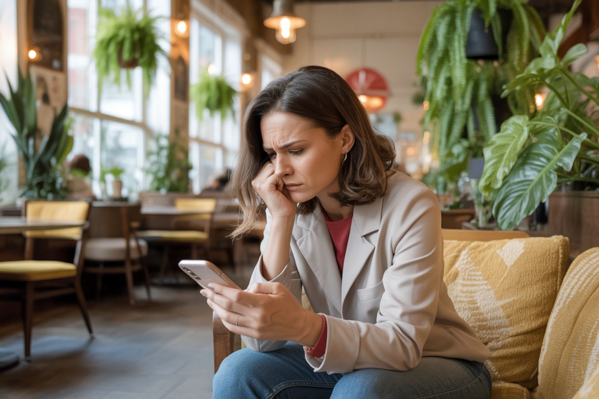 Junge Frau sitzt in einem gemütlichen Café zwischen Pflanzen und schaut besorgt oder frustriert auf ihr Smartphone. Sie stützt den Kopf nachdenklich auf ihre Hand.