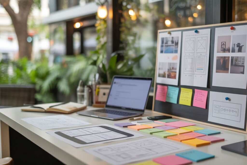 Ein Schreibtisch mit Laptop, Notizbuch, bunten Haftnotizen und ausgedruckten Wireframes. Auf einer Tafel im Hintergrund sind Layoutskizzen und Designideen für eine Website befestigt. Der Arbeitsplatz befindet sich in einem hellen, grünen Café oder Coworking-Space mit Pflanzen und gemütlicher Atmosphäre.