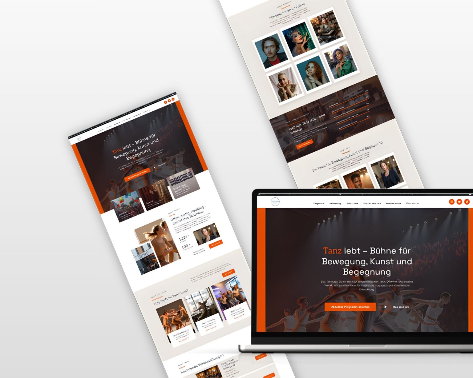 Mehrere Bildschirmansichten der Website des Tanzhaus Zürich werden schräg angeordnet präsentiert. Zu sehen sind verschiedene Seitenabschnitte mit großflächigen Bildern, klarer Typografie und einem modernen Farbkonzept in Orange, Beige und Dunkelgrau. Das Design vermittelt Bewegung, Kreativität und Professionalität.