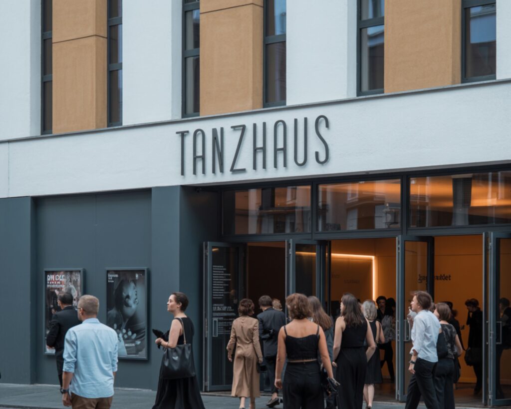 Menschen betreten das moderne Gebäude des Tanzhauses, dessen Name in großen Buchstaben über dem Eingang steht. Durch die geöffneten Glastüren ist das warme Licht des Foyers zu sehen. Die Szene vermittelt eine einladende, kulturelle Atmosphäre vor einer Veranstaltung.